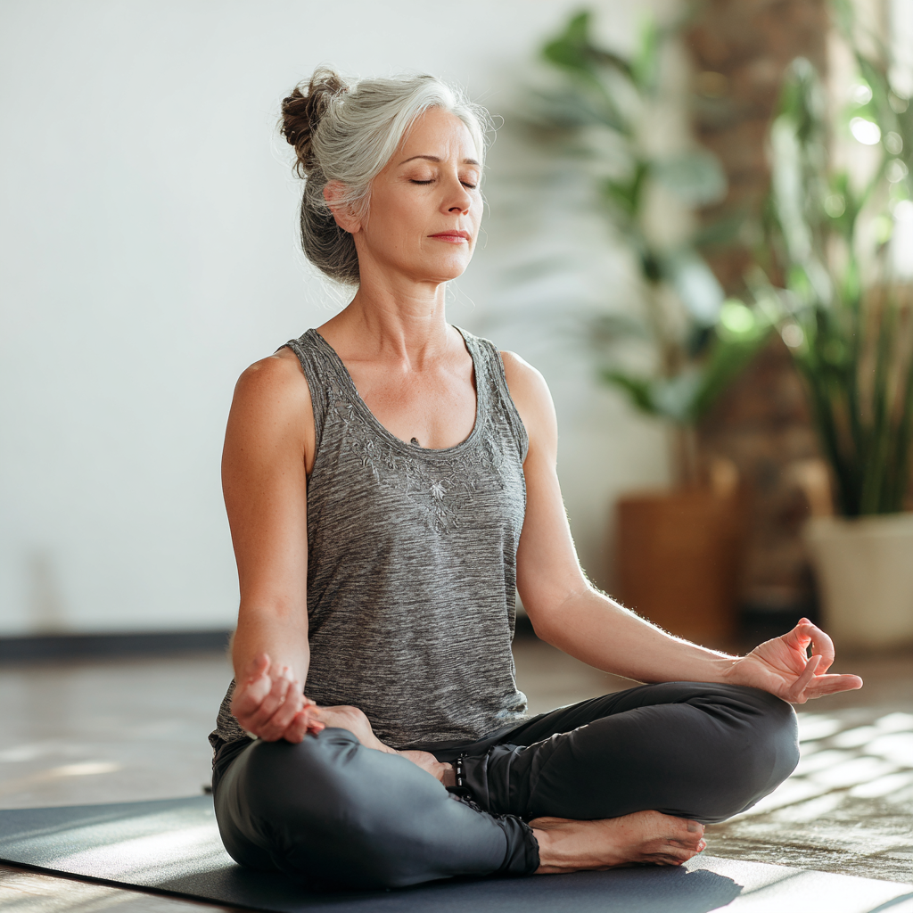 Middle-aged woman practicing yoga in peaceful studio environment